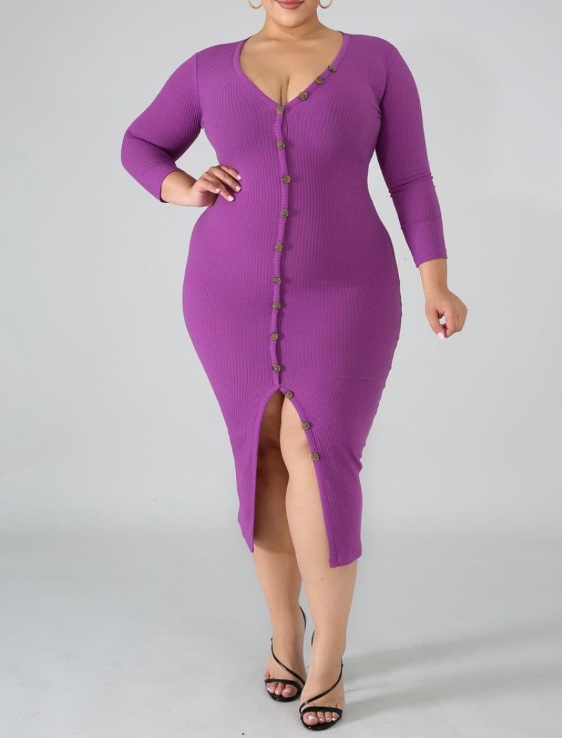Solid Front Button Up Midi Dress (Plus Size)