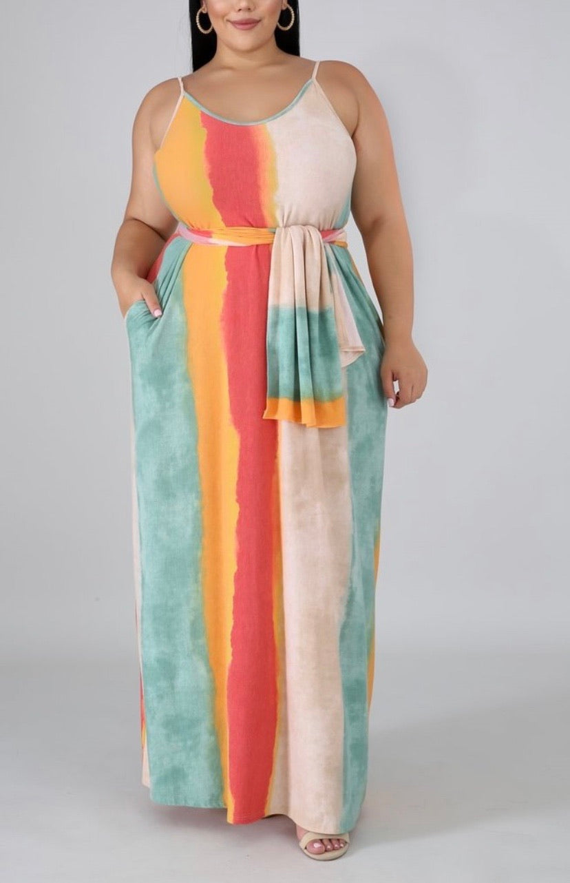 Print Strap Maxi Dress w/Belt (Plus size)